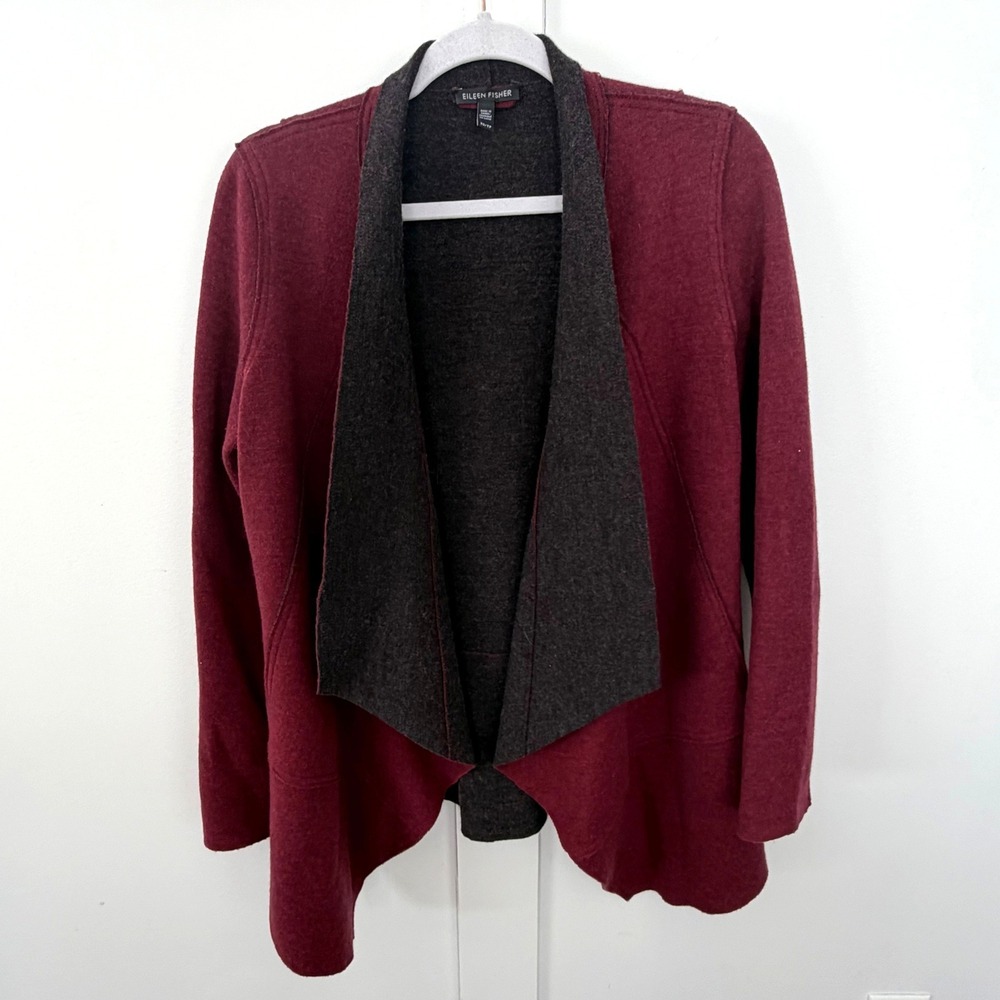 Eileen Fisher Double‎ Faced Merino Wool Draped Cardigan Sweater Red Gray XS